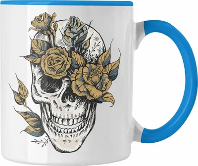 Produktbild von Trendation - Totenkopf Kaffee Tasse Frauen Mädchen Männer Tattoo Geschenk Damen Idee Grafik Blumen (Blau)