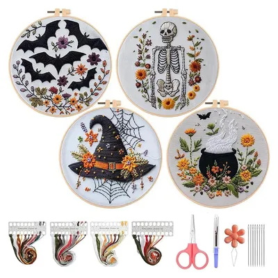Produktbild von 1 Halloween-Stickset mit Stickrahmen, Garn, Schere, Einfädler, Anfänger-Stickset mit gotischen, vorgedruckten Kreuzstichmustern, Handstickerei-Starterset, Geschenk für DIY-Begeisterte