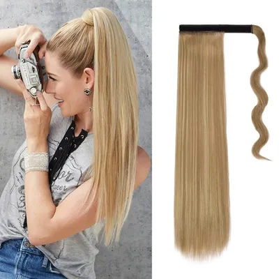Zdjęcie produktu dla Spinki do przedłużania włosów w kształcie kucyka, 55 cm, kolor: jasny blond i rozjaśniony blond, syntetyczny materiał odporny na wysoką temperaturę