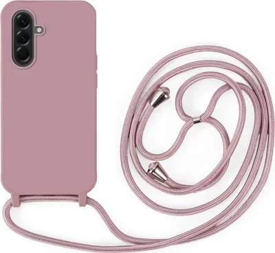 A pink phone case with a pink lanyard is shown against a white background.
