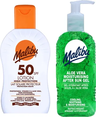 Productafbeelding van Malibu SPF50 waterbestendige zonnebrandlotion 200 ml + Aloe aftersun gel 200 ml Bruiningsset