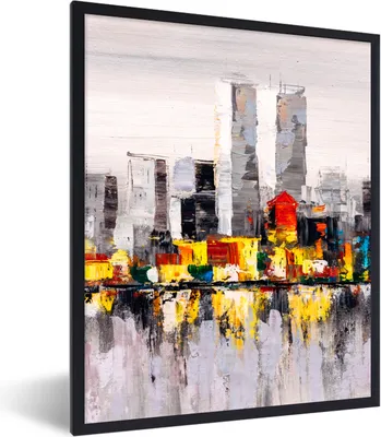 Produktbild von MuchoWow® Gerahmtes Poster Gemälde - Skyline - Farben - Ölfarbe 30x40 cm - Poster mit Schwarzem Bilderrahmen Wandposter Rahmen Foto Bilder - Wanddeko - Kunstdrucke