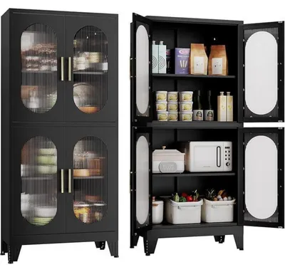 Immagine prodotto di Armadio da cucina in metallo, altezza 155 cm, colore nero, con 4 ante in vetro e 2 ripiani