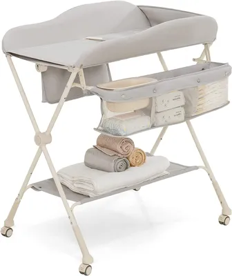Produktbild von GOPLUS Mobiler Baby-Wickeltisch mit Rädern, höhenverstellbare Wickelstation, zusammenklappbare Wickelkommode für Neugeborene (Grau)