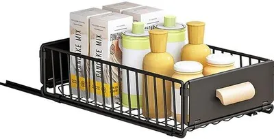 Produktbild von Famanu Teleskopische Ausziehbare Küchenschublade mit Halter, selbstklebender Schrankorganizer ohne Bohren, schwarz 40 x 24 x 10 cm