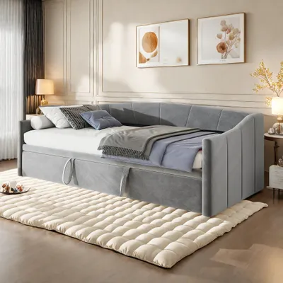 Produktbild von Schlafsofa - Ausziehbares Tagesbett - 90/180 x 200 cm - Mit Lattenrost - Mit Stauraum - Samtbezug - Holzrahmen - Grau