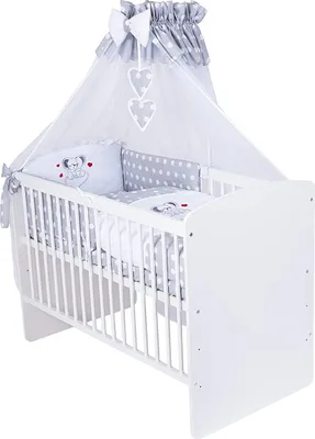 Produktbild von KMbaby Babybett K2 weiss 120x60 mit 10tlg Bettwäsche Set Matratze Gitterbett graue Maus