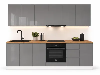 Produktbild von Küchenzeile 240 cm Küchenblock Einbauküche ohne Arbeitsplatte, LETANO Luki 7 Grau Hochglanz mit Soft-Close