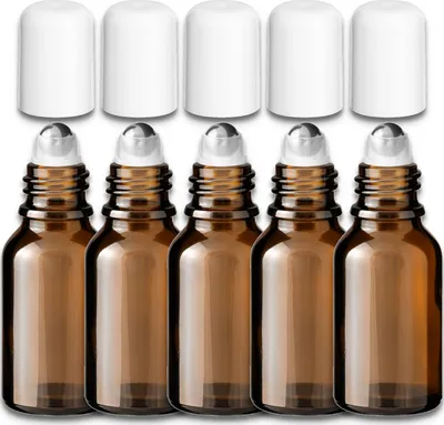 Produktbild von 5x Braune Glasflasche 15 ml Roll On mit weißer Kappe Edelstahlkugel
