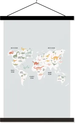 Produktbild von MuchoWow® Textilposter Weltkarte - Kind - Dino 40x60 cm mit schwarzem Rahmen - Wanddekorationen