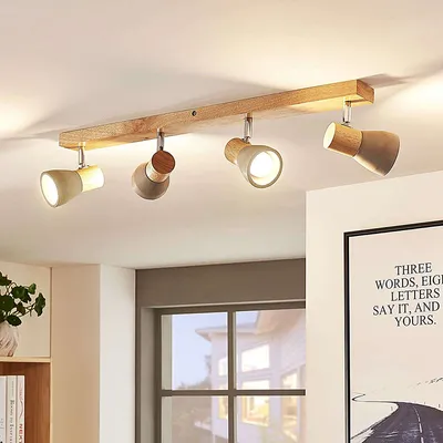 Produktbild von Lindby - Landhaus I Vintage I Rustikal Landelijke plafondlamp hout met beton 4-flammig-lichts incl. LED - Filiz I Wohnzimmer I Schlafzimmer - Holz Länglich - LED geeignet E14