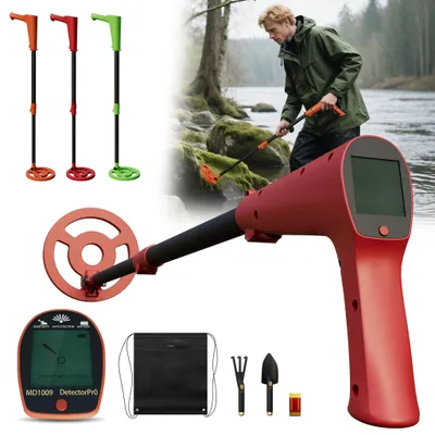 Produktbild von XMTECH Kinder Metalldetektor Rot, Verstellbarer Schatzsucher mit wasserdichter 16,5 cm Suchspule, LCD-Display, Signalton, inklusive Schaufel & Tragetasche, Metallsuchgerät für Kinder & Erwachsene