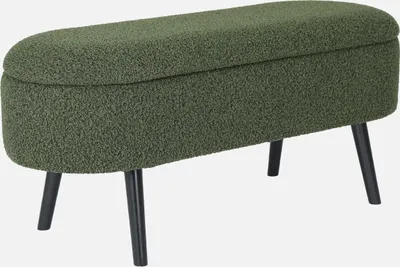 A product shot of a green storage bench with black legs against a white background.