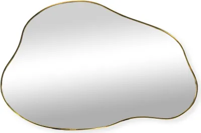 A mirror with an organic, asymmetrical shape and a gold frame.