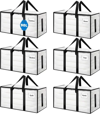 Obrázok produktu pre Veľké úložné tašky – sada 6 kusov – priehľadné prepravné vaky – 90 litrov – so zipsom a rúčkami – vhodné na bielizeň