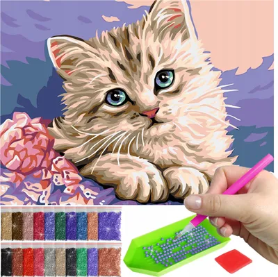 Produktbild von ARTULIO - Diamond Painting Set - Katze mit Blume in Pastellfarben - 40 x 30 cm - 5D Diamant Painting, Bilder DIY, Home Wand Deko