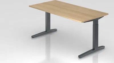 Produktbild von Schreibtisch Mika | Eiche | Graues Gestell | BxT 160x80cm | Arbeitshöhe 65-85cm | höhenjustierbar, 1cm Raster | C-Fuß-Gestell | Rechteckform