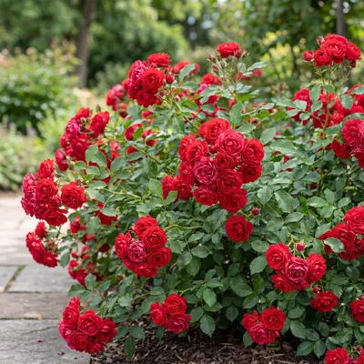 Produktbild von Green boutiQ - Garten Rose - Rosa Rote The Fairy - Rose - Winterhart - Rot - 3 Pflanzen - Topf 12cm - Höhe 20-25cm