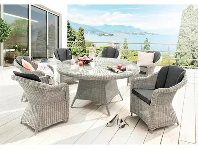 Immagine prodotto di Dinette Destiny MALAGA con tavolo da pranzo rotondo Ø150cm (6 persone) bianco vintage