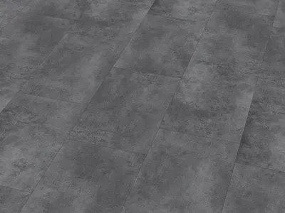 A close-up, angled view of a floor with grey, stone-like tiles.