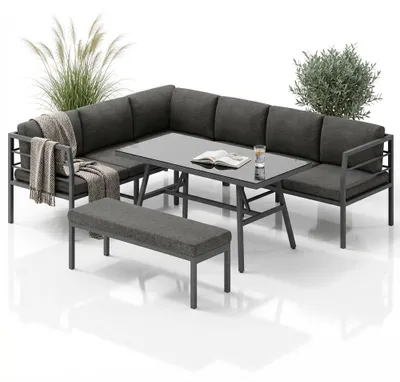 Image de Mucola Ensemble de salle à manger en aluminium Lounge Canapé d'angle avec banquette résistant aux intempéries Gris Table Oasis de détente Meuble de jardin Ensemble de siège d'angle Canapé Meubles d'extérieur