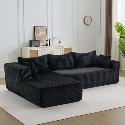 Produktbild von Ecksofa mit bequemer Chaiselongue, L-förmiges Sofa ohne Stützbeine mit tiefer Sitzfläche, für Wohn- und Schlafzimmer, Cord, Schwarz