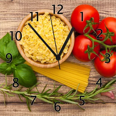 Produktbild von Wallario Design Wanduhr Spaghetti mit Tomaten, Knoblauch und Basilikum aus Echtglas, Größe 30 x 30 cm