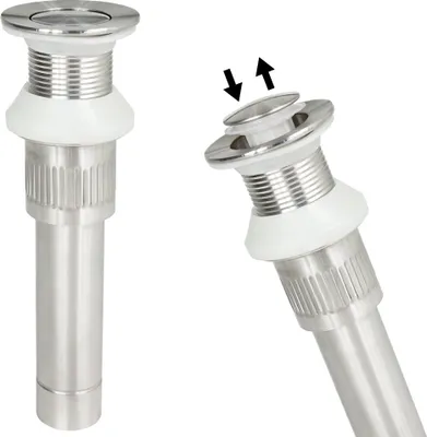 Two views of a stainless steel drain assembly, one showing the pop-up mechanism in action.