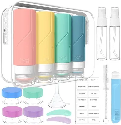 Produktbild von Ibenzoa® 17-teiliges Silikon-Reiseflaschen-Set – 4×100 ml nachfüllbar, 1×60 ml Sprühflasche, 4 Döschen, auslaufsicher, BPA-frei, handgepäcktauglich