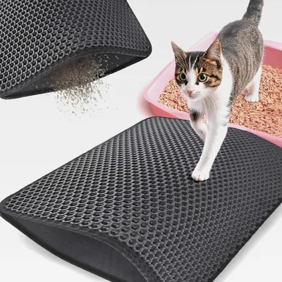 Produktbild von Katzenklo Matte, 50x40 CM Katzenstreu Matte, Wabenförmiges Design, Katzen Zubehör, Wasserdichter Hochwertiger EVA-Schaum, Doppelseitig Durch Klettverschluss Verbunden
