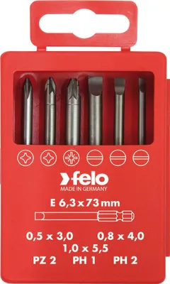 Zdjęcie produktu dla Pojemnik na bity (dla elektryków) 6 sztuk. Bit E, wymiary 6,3 x 73 mm. Zawiera: 3 sztuki wkrętaka płaskiego 0,5 x 3 mm