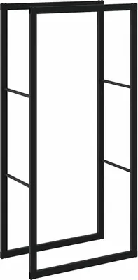 A black metal firewood rack frame against a white background.