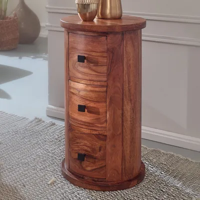 Image de Buffet design FineBuy 65 cm en bois massif de sheesham, Ø 35 cm, petit meuble à tiroirs, meuble d'appoint étroit, mini-commode ronde en bois massif