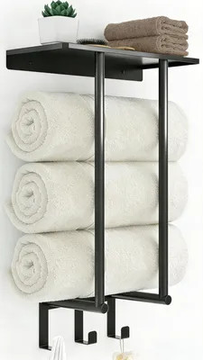 Productafbeelding van Handdoekhouder 160 x 100 cm, zwart, met plank en 3 haken, voor badkamer