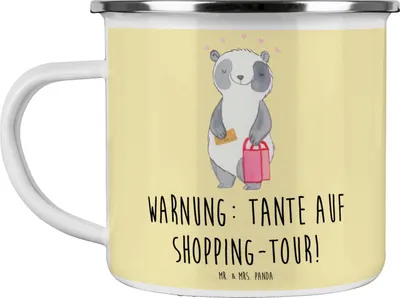 Produktbild von Mr. & Mrs. Panda Emaille Tasse Tante Shopping - Gelb Pastell - Geschenk, Einkaufen, Leidenschaft, Teetasse, Familienmitglieder, Dankeschön, Haferl, Nichte, Becher, Pott