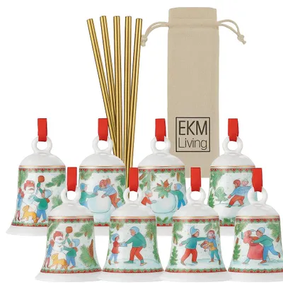 Produktbild von Set: 8× Hutschenreuther Weihnachtsglocke 2025 „Weihnachtsspiele“ + Edelstahl Trinkhalme Kupfer 4er Set (gratis) | Sonderedition