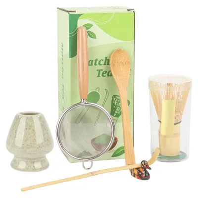 Produktbild von Matcha Besen Set mit Löffel & Sieb, 6-teiliges Kit für japanische Teezeremonie, Keramik & Edelstahl