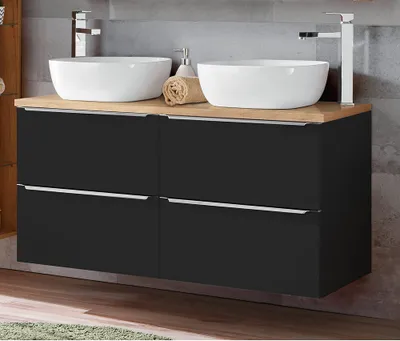 Produktbild von Doppel-Waschtisch 121cm inkl. 2 Keramik-Aufsatzwaschbecken TOSKANA-BLACK-56 seidenmatt anthrazit & Wotaneiche