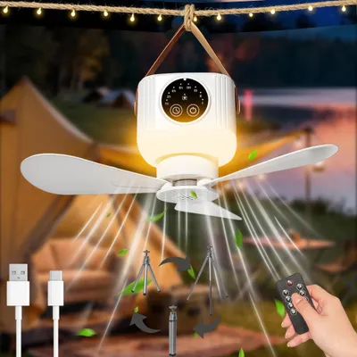 Produktbild von Mobiler Deckenventilator(gelb) mit Licht und Fernbedienung,7200mAh USB Ventilator 4 Stufen, Timer, leise, tragbar für Camping, Garten, Indoor