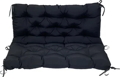 A black tufted bench cushion with ties.
