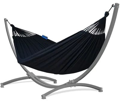 Produktbild von Potenza Outdoor Hängematte mit Gestell für 2 Personen I Baumwolle Doppelhängematte XXL 220x160, 200kg I Grau Hängemattengestell 220kg, wetterfest