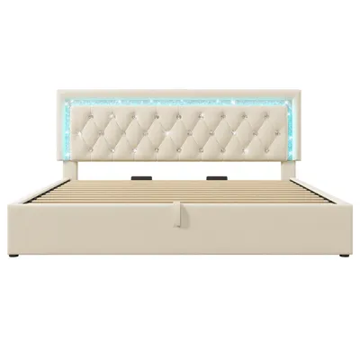 Produktbild von Flieks Polsterbett 180x200cm mit USB & Type C, Hydraulisches Bett mit Stauraum, Doppelbett Jugendbett mit LED, Stauraumbett Samt, Beige