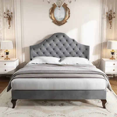 Obrázek produktu pro okwish Čalouněná postel 140×200 cm, s laťovým roštem a čelem, výškově nastavitelný čelo, dřevěná roštová podložka, snadná montáž, samet, šedá