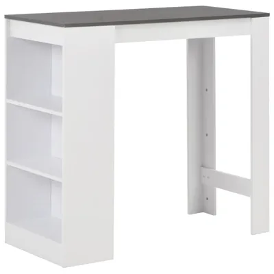 A white bar table with a gray top and built-in shelves on the left side, shown against a white background.