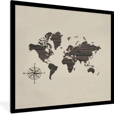 Produktbild von MuchoWow® MuchoWow® Gerahmtes Poster Weltkarte - Holz - Kompass 40x40 cm - Poster mit zchwarzem Bilderrahmen - Mit Rahmen - Wanddekoration Schlafzimmer