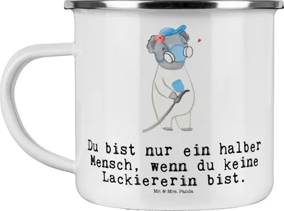 Produktbild von Mr. & Mrs. Panda Emaille Becher Lackiererin Herz - Weiß - Geschenk, Witzig, Tasse, metallbecher, Gesellenprüfung, Spruch, Ausbildung, Lustig, Teetasse, Pott, Kaffeepott