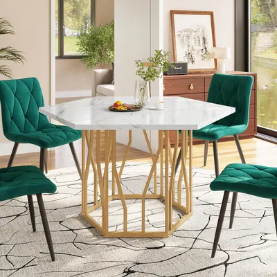 Image de MODFU Table À Manger - Avec Plateau MDF Marbré, Structure Métal Or Stable Et Élégante Pour Cuisine Et Salle À Manger, 115,5 x 100 x H 75 cm - Blanc Et Or