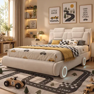 Productafbeelding van MODFU Kinderbed 140x200, gestoffeerd bed met verstelbaar hoofdeinde en fluwelen bekleding, tienerbed in autovorm met LED-verlichting, zonder matras, beige