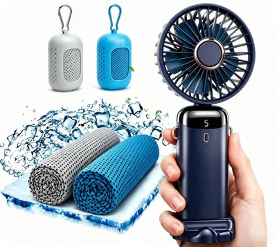 Produktbild von Mini Handventilator mit Kühlhandtuch Set, 5 Geschwindigkeiten, 3200mAh Akku, LED-Display, 90° Faltbarer USB Ventilator, 2 x Cooling Towel 100 x 30cm