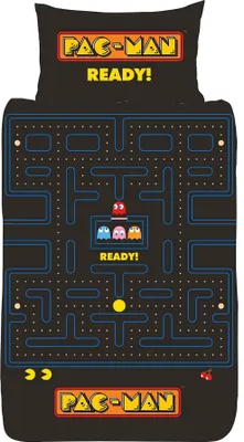 A Pac-Man themed duvet cover and pillowcase set.